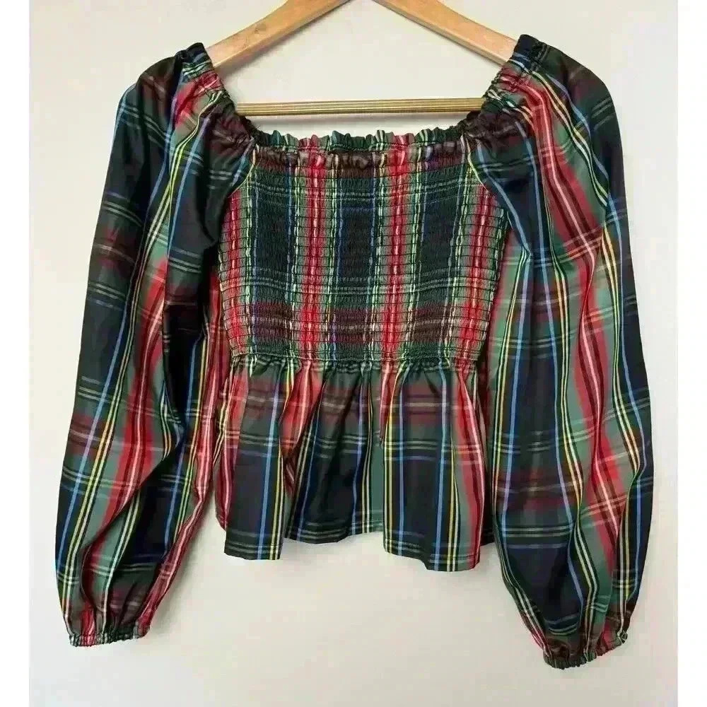 J. Crew Factory Plaid Smocked Blouse - Red, Green, Blue